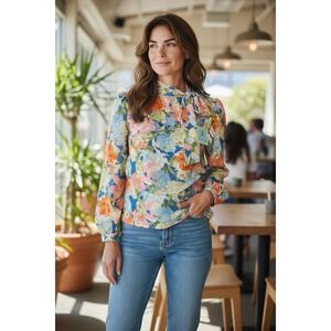 CeCe Floral One Cold Shoulder Long Sleeve Blouse Top Blue Orange‎ XSmall NWT